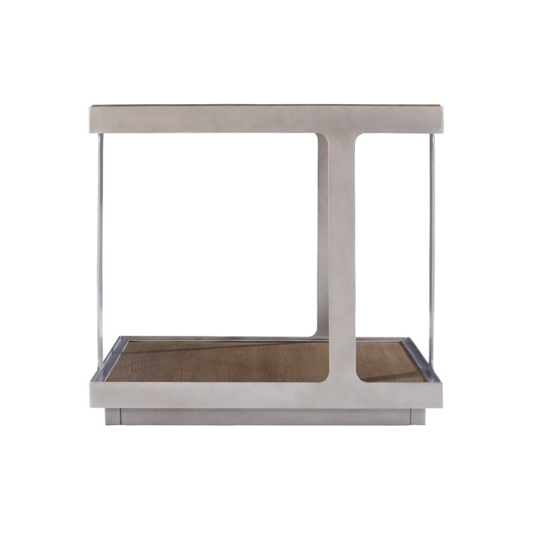 Transitional Quartered Oak and Steel Square End Table in Gray/Brown