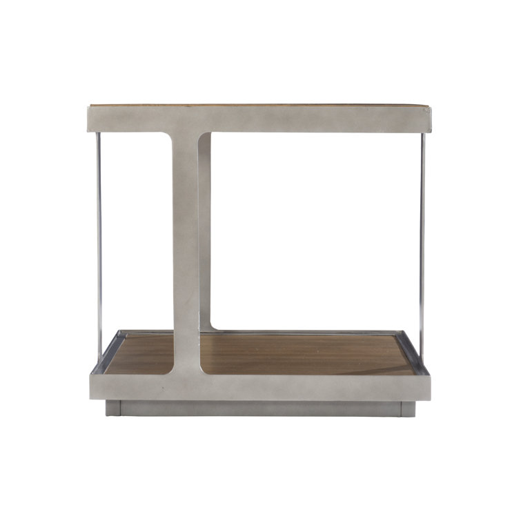 Transitional Quartered Oak and Steel Square End Table in Gray/Brown