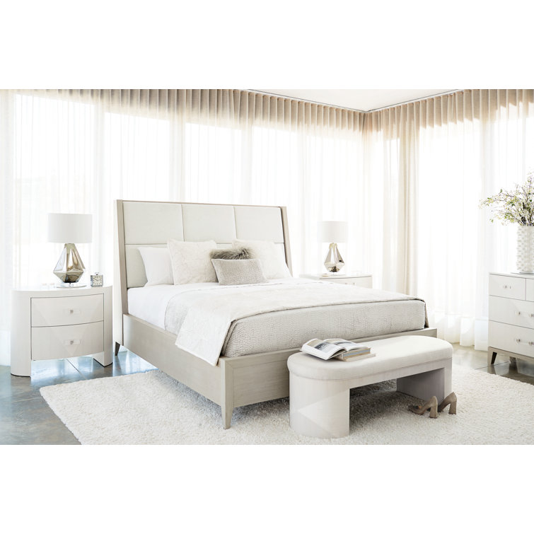 King Linear Gray Upholstered Wood Frame Bed with Slats