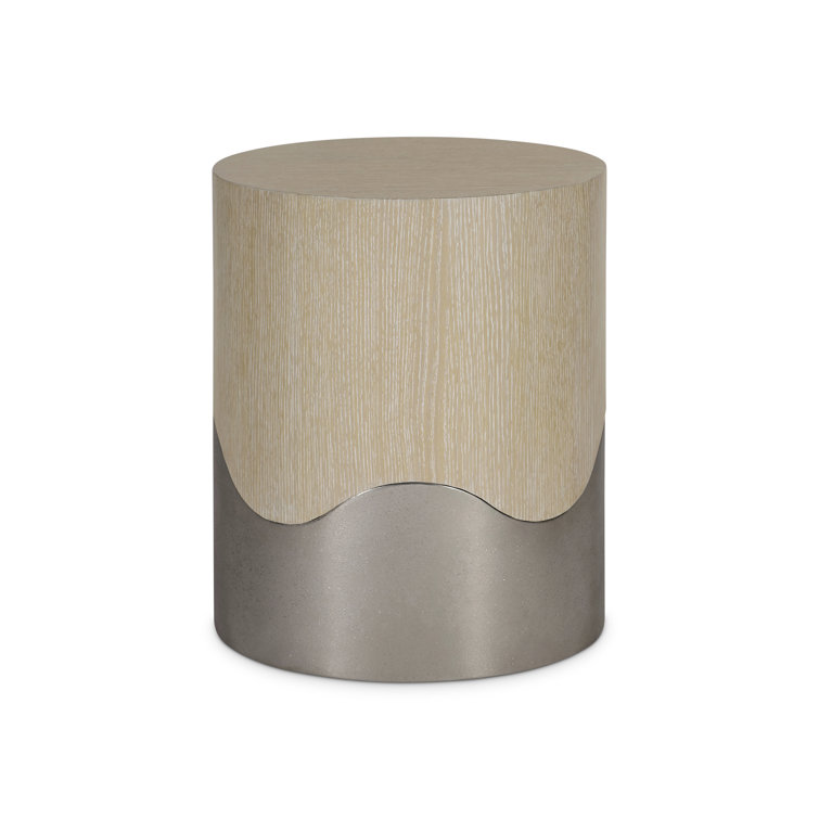 Beige Round Wood and Metal Side Table with Storage