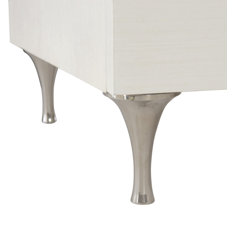 Transitional White 3-Drawer Nightstand with Polished Stainless Steel Accents