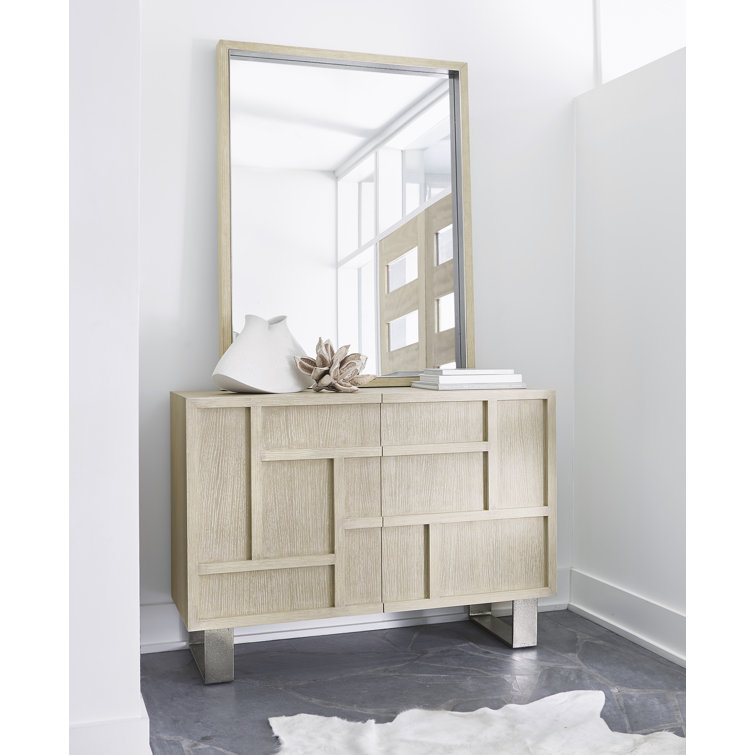 Beige Rectangular Wood Wall Mirror with Nickel Frame