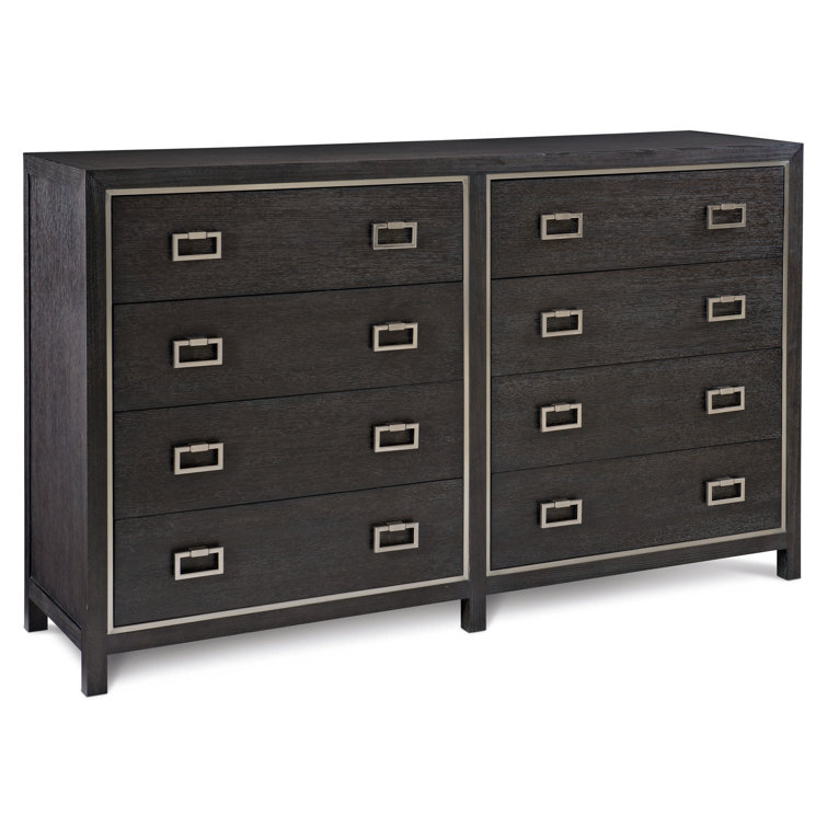 Transitional Cerused Mink 8-Drawer Double Dresser with Silver Mist Accents