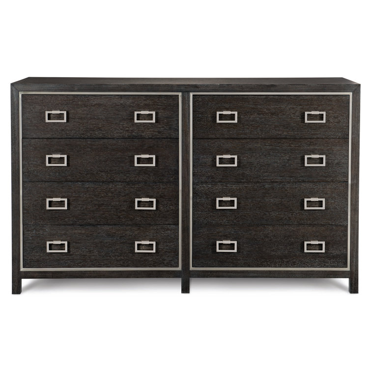 Transitional Cerused Mink 8-Drawer Double Dresser with Silver Mist Accents