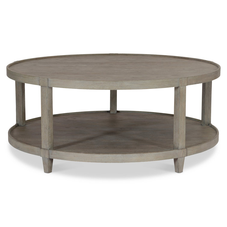 Transitional Cerused Oak Round Coffee Table with Storage in Pewter Gray