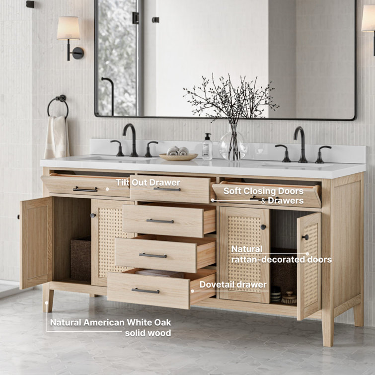 Camila 73'' Light Brown Double Sink Freestanding Vanity with White Quartz Top