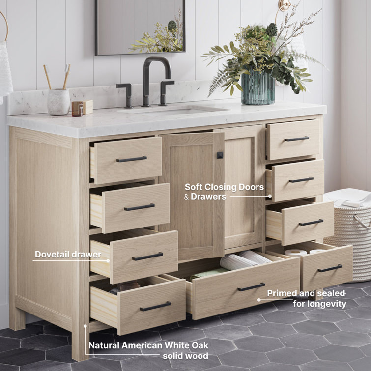 Cambridge 54" White Wood Freestanding Bathroom Vanity with Carrara Marble Top