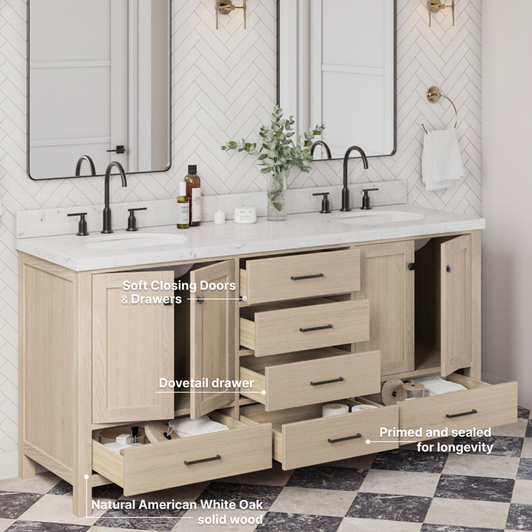 Cambridge 72" Double Sink Oak Vanity with Carrara Quartz Top
