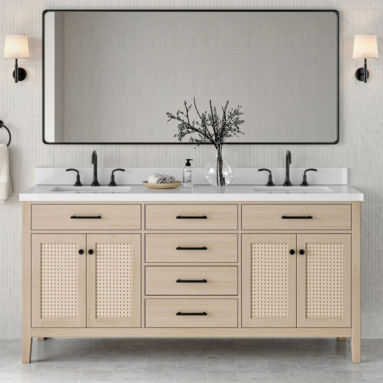 Camila 73'' Light Brown Double Sink Freestanding Vanity with White Quartz Top