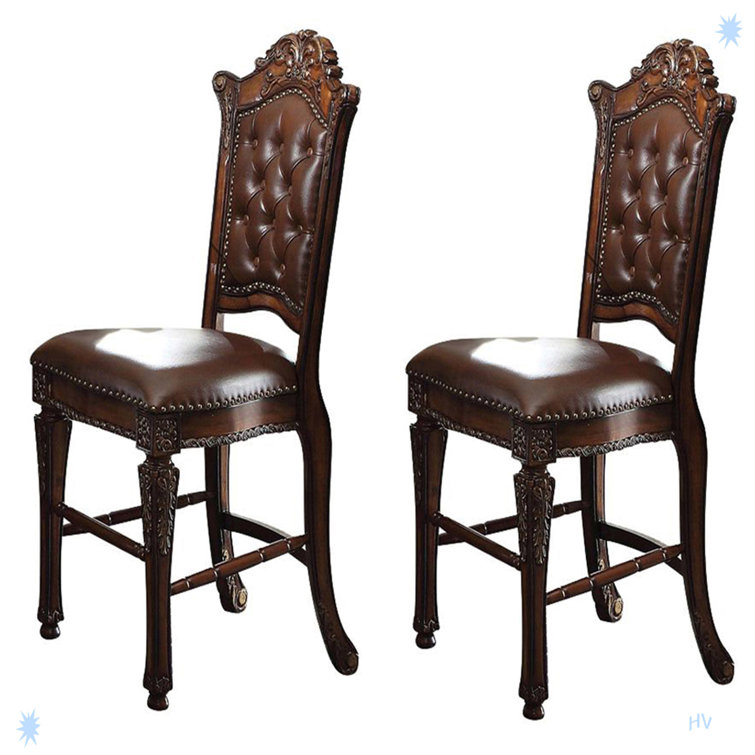 Cherry Faux Leather Tufted Counter Height Stools with Nailhead Trim