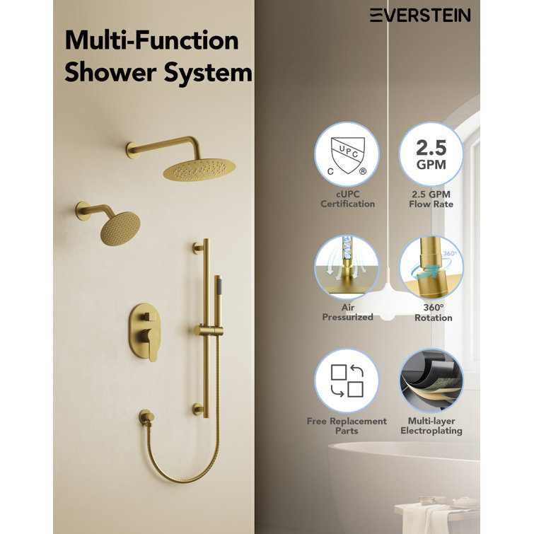 Brushed Gold Dual Head Stainless Steel Shower System with Handheld