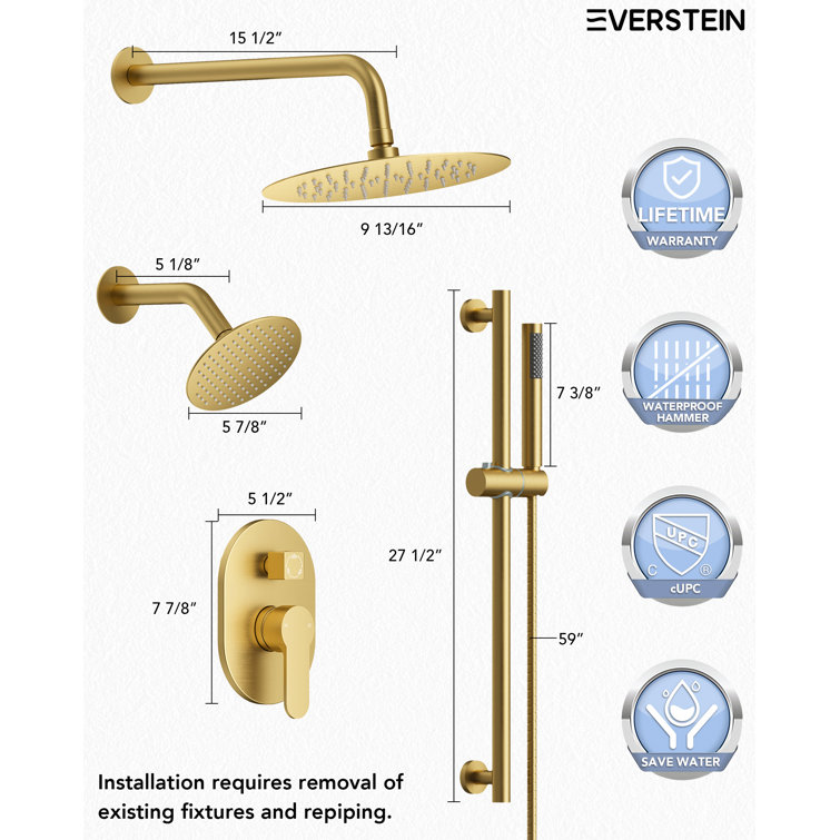 Brushed Gold Dual Head Stainless Steel Shower System with Handheld