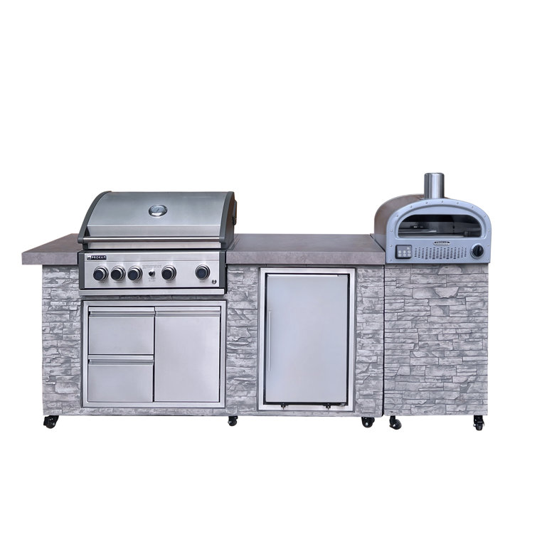 96 Inch Gray Stone Stainless Steel Propane Grill Island with Rotisserie