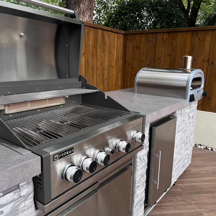 96 Inch Gray Stone Stainless Steel Propane Grill Island with Rotisserie