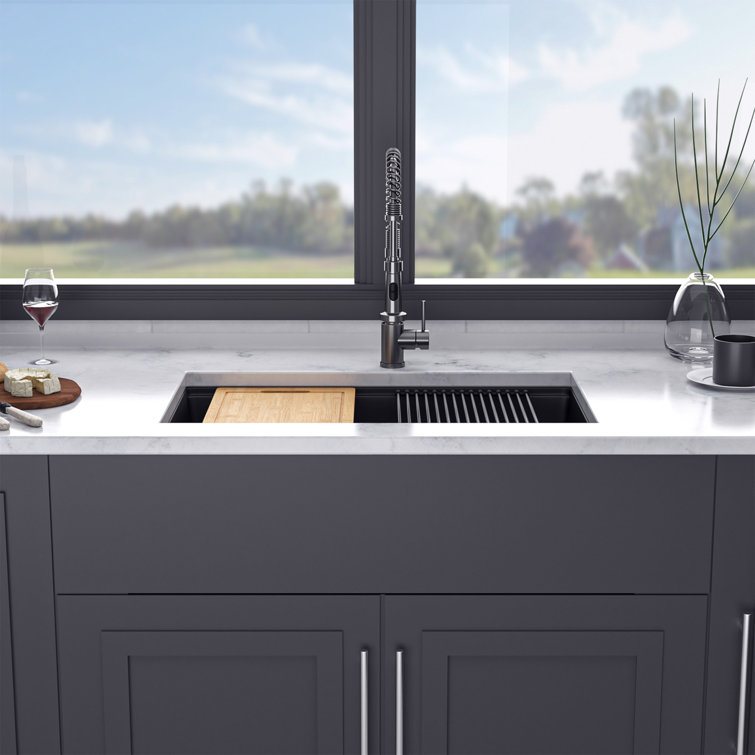 30'' Black Quartzite Undermount Single Bowl Kitchen Sink