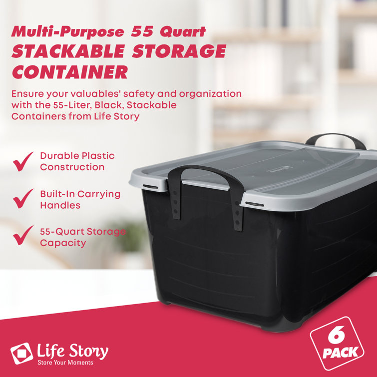 Life Story 55 Quart Black Stackable Lidded Storage Bins, Set of 6