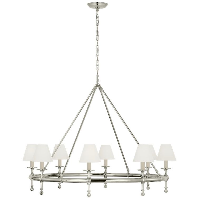 Antique-Burnished Brass 8-Light Chandelier with Linen Shades