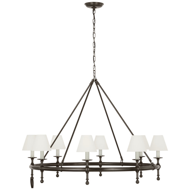 Antique-Burnished Brass 8-Light Chandelier with Linen Shades