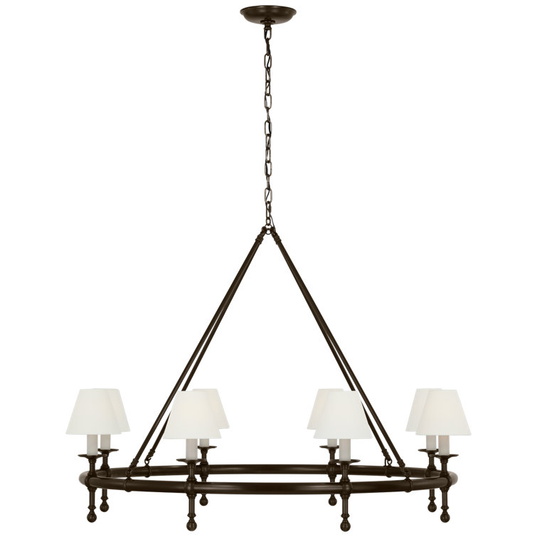 Antique-Burnished Brass 8-Light Chandelier with Linen Shades