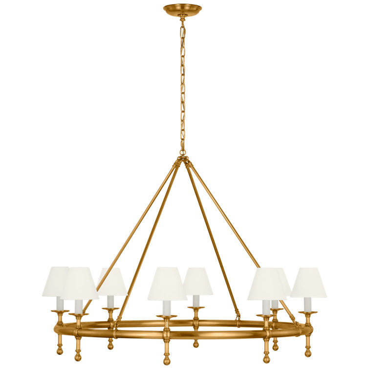 Antique-Burnished Brass 8-Light Chandelier with Linen Shades