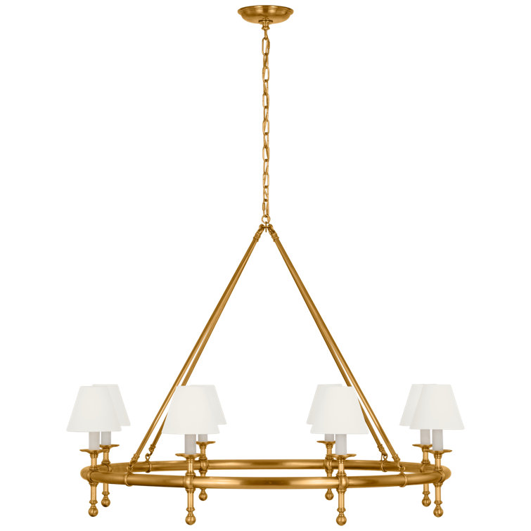 Antique-Burnished Brass 8-Light Chandelier with Linen Shades