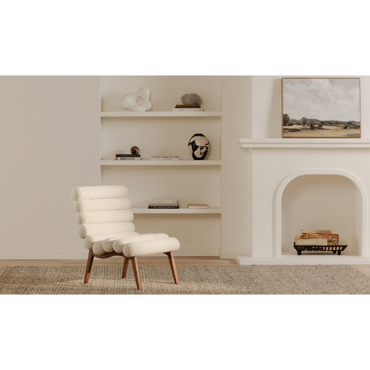 Off-White Boucle Lounge Chair with Solid Wood Legs