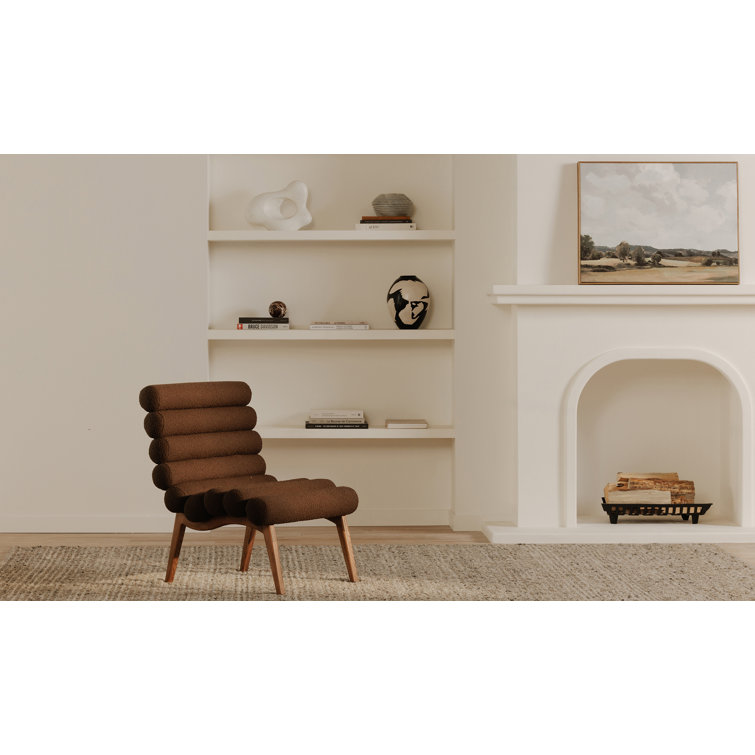 Brown Boucle Upholstered Lounge Chair with Solid Wood Legs
