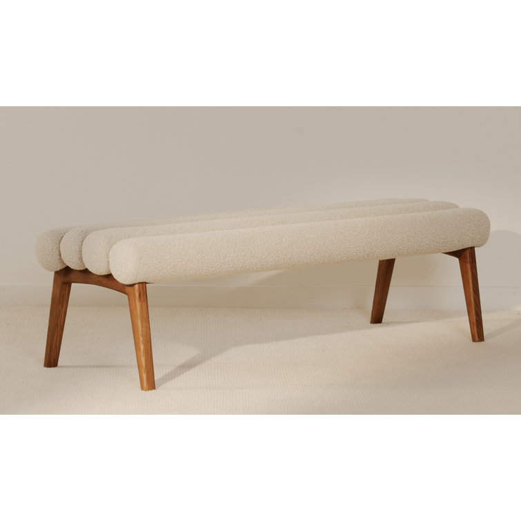 Ash Wood Straight Leg Bench with White Boucle Upholstery