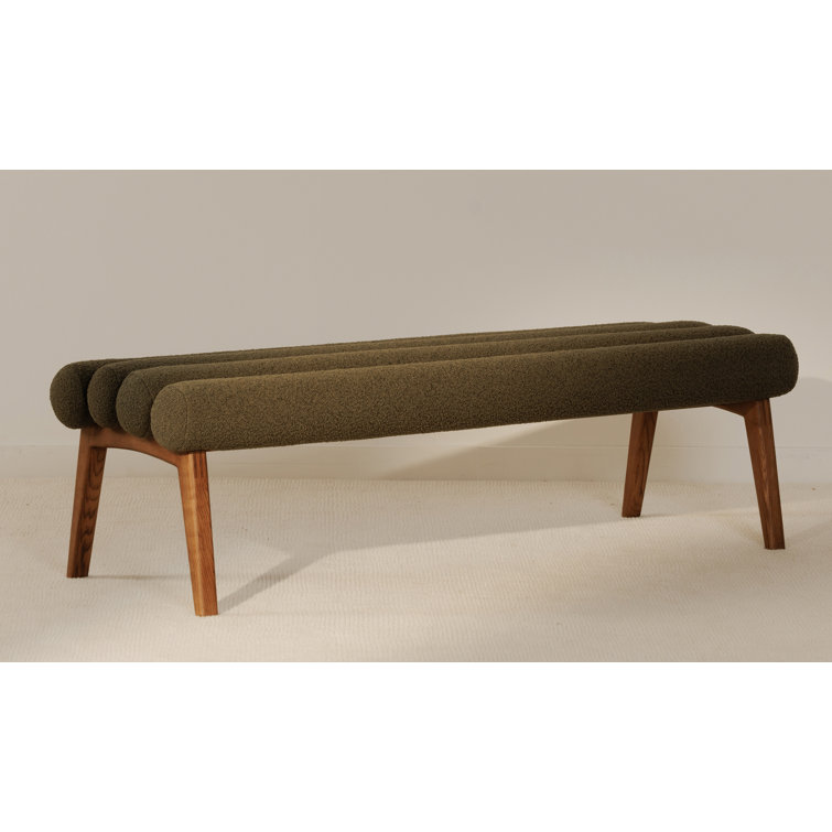 Green Polyester Upholstered Bench with Ash Wood Legs