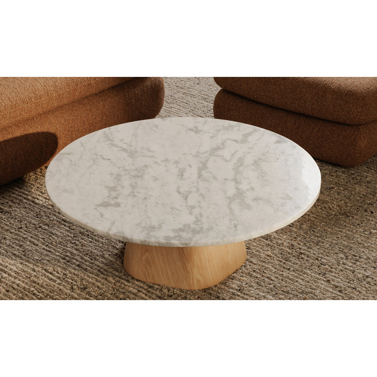 Ashen Gray Marble Top Round Coffee Table with Oak Pedestal Base