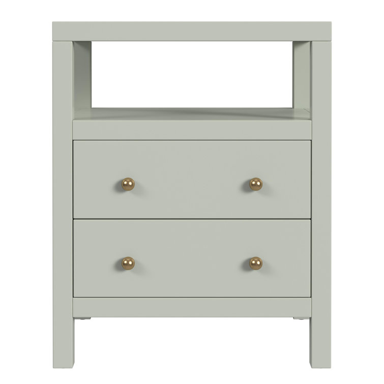 Sage Green 2-Drawer Nightstand with Open Shelf