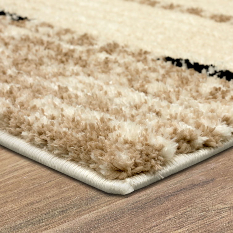 Tan and Black Geometric Striped Polyester Runner Rug