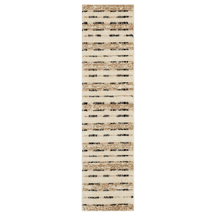 Tan and Black Geometric Striped Polyester Runner Rug