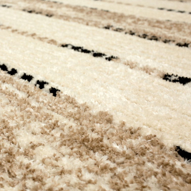 Tan and Black Geometric Striped Polyester Runner Rug