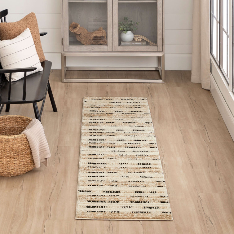 Tan and Black Geometric Striped Polyester Runner Rug