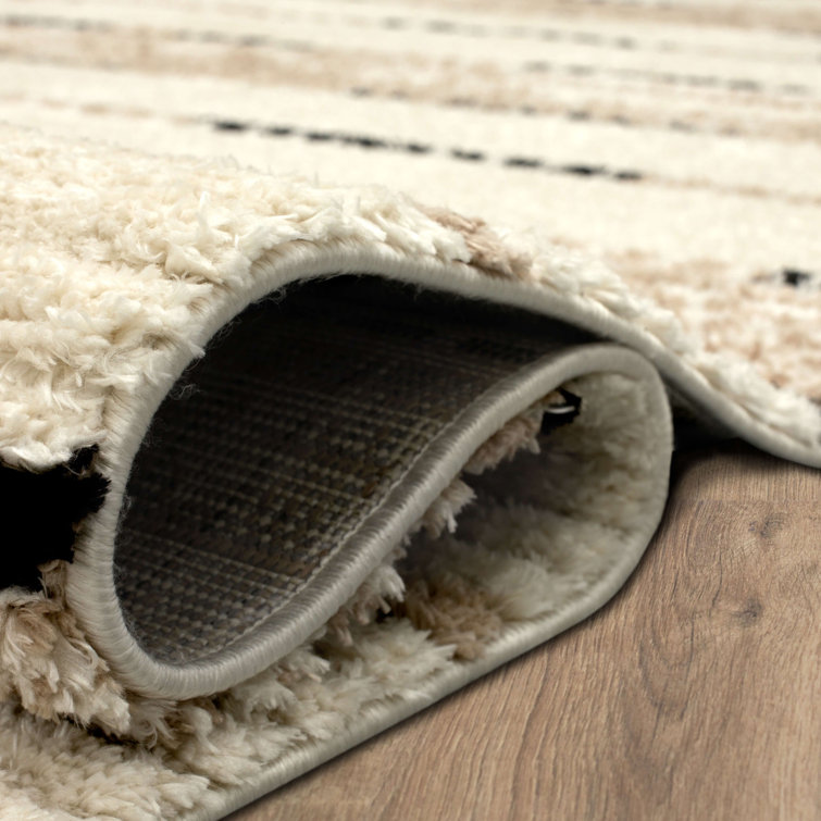 Tan and Black Geometric Striped Polyester Runner Rug