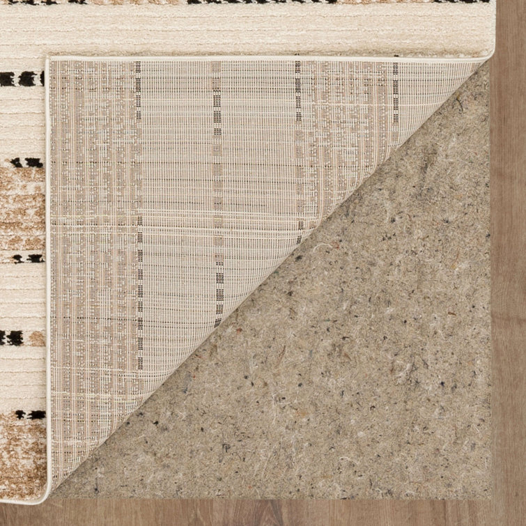 Tan and Black Geometric Striped Polyester Runner Rug