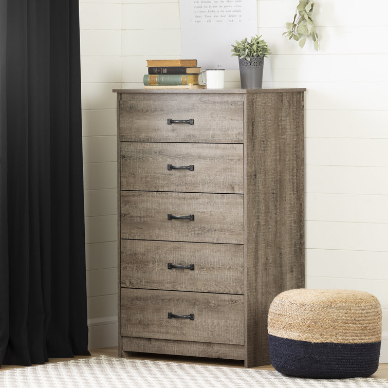 Weathered Oak Vertical 5-Drawer Dresser with Metal Handles