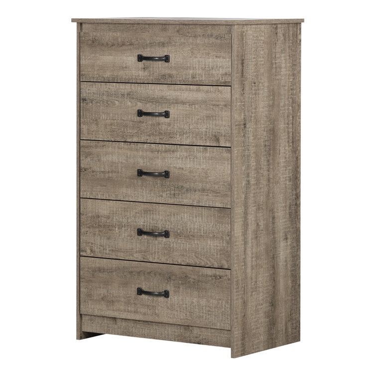 Weathered Oak Vertical 5-Drawer Dresser with Metal Handles