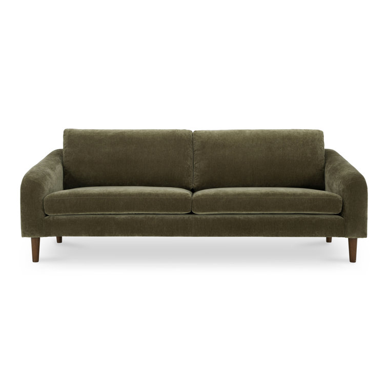 Green Polyester Pillow Back Sofa with Brown Wood Legs
