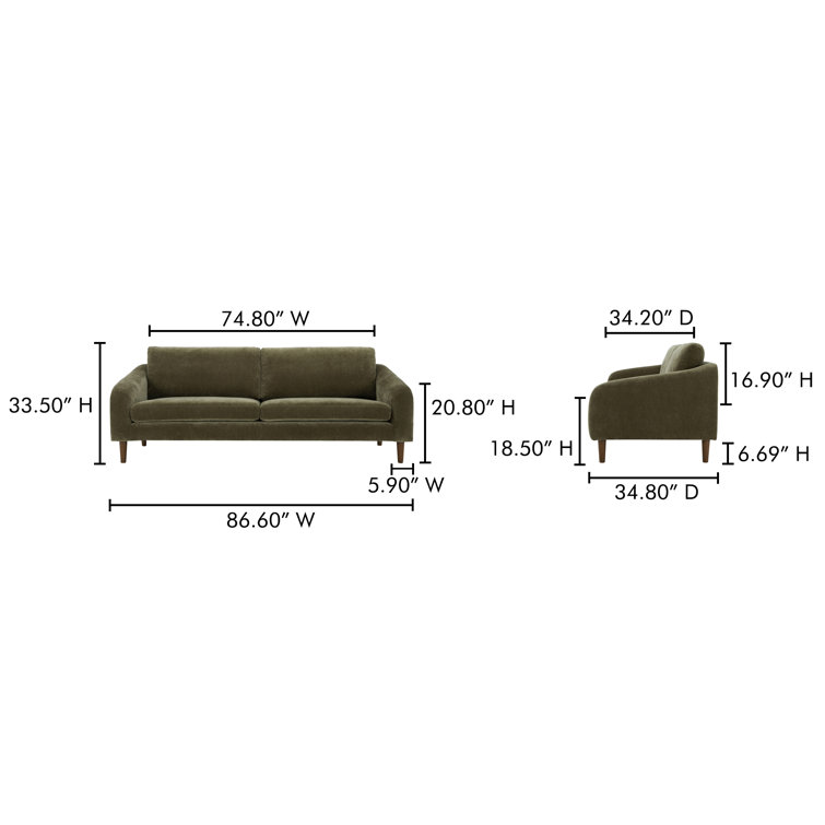Green Polyester Pillow Back Sofa with Brown Wood Legs