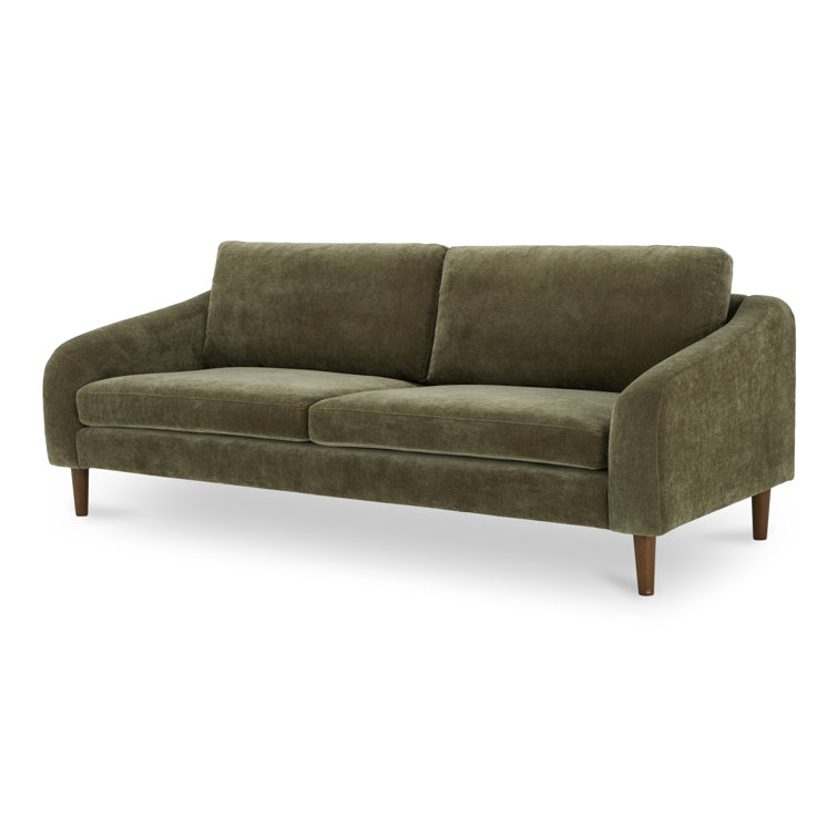 Green Polyester Pillow Back Sofa with Brown Wood Legs