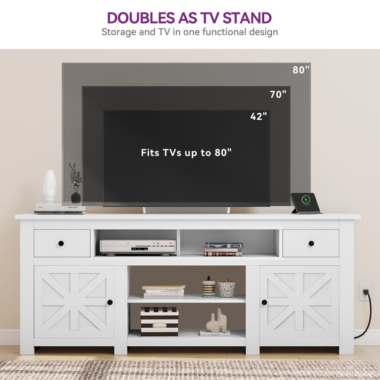 White Farmhouse TV Stand with Built-in Power Socket for 80'' Screens