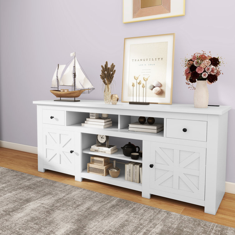 White Farmhouse TV Stand with Built-in Power Socket for 80'' Screens