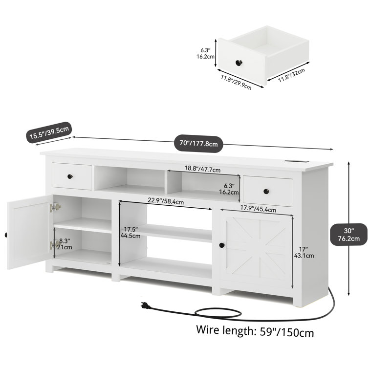 White Farmhouse TV Stand with Built-in Power Socket for 80'' Screens