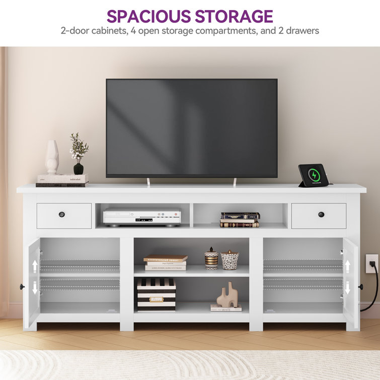 White Farmhouse TV Stand with Built-in Power Socket for 80'' Screens