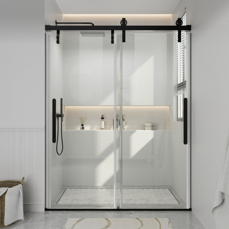 60" x 76" Frameless Black Sliding Shower Door with Tempered Glass
