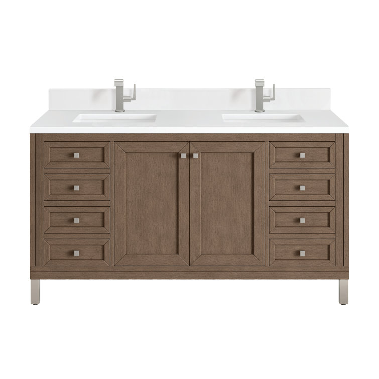 Walnut Whitewashed 60" Double Sink Vanity with Solid Surface Top