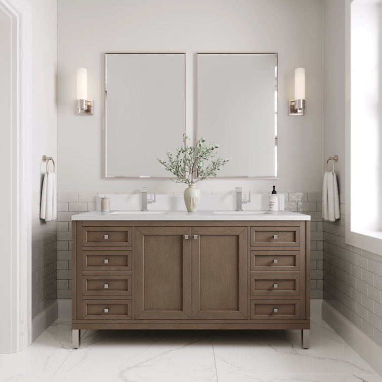 Walnut Whitewashed 60" Double Sink Vanity with Solid Surface Top