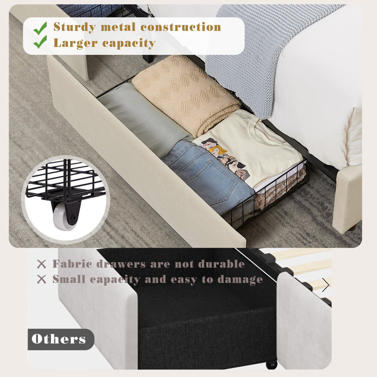 Beige Velvet Upholstered Queen Platform Bed with Storage Drawers